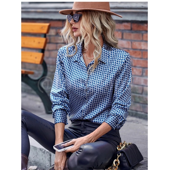 Blue Casual Satin Printed Button Up / Down Shirt Long Sleeve Collar - Picture 2 of 8